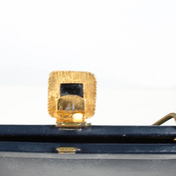 Vintage 1950s Navy Faux Leather Handbag with Art Deco Latch & Metal Chain - Picture 14 of 16